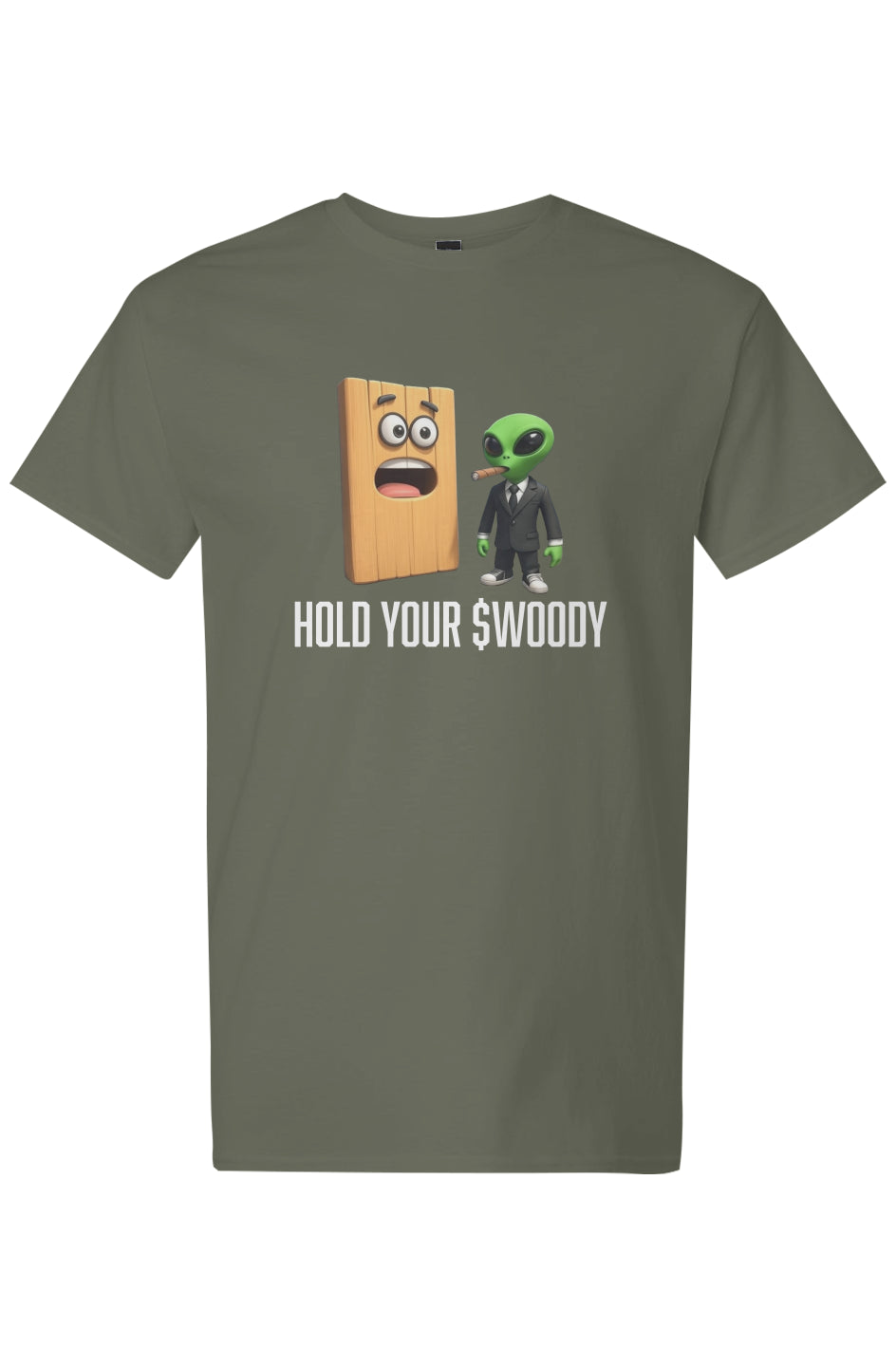 Hold your $WOODY men's tee white letters