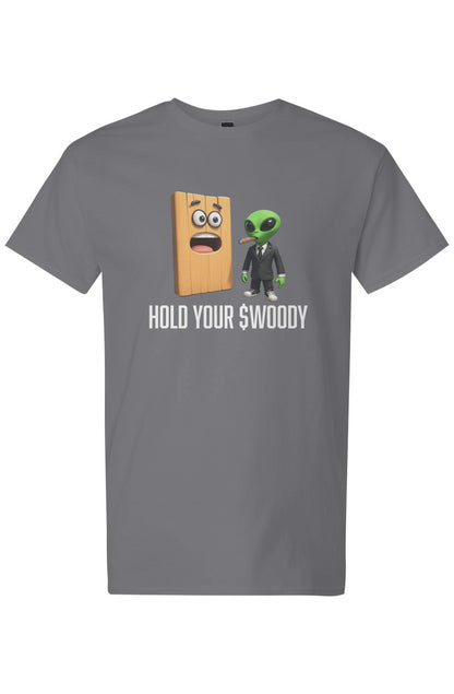 Hold your $WOODY men's tee white letters