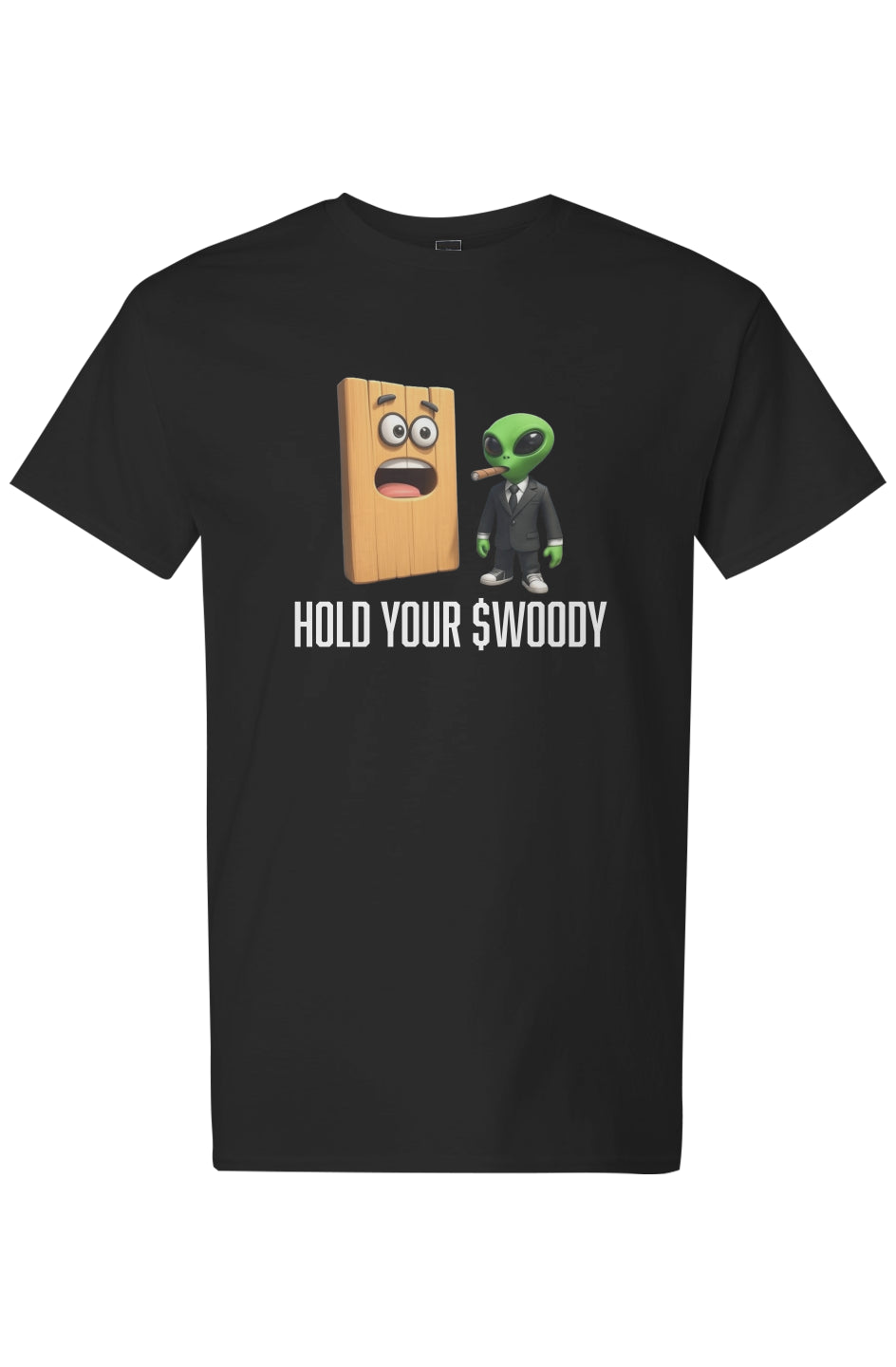 Hold your $WOODY men's tee white letters