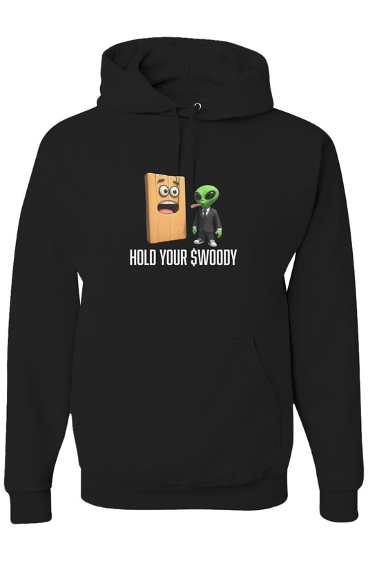 Hold your $WOODY men's hoodie white letters